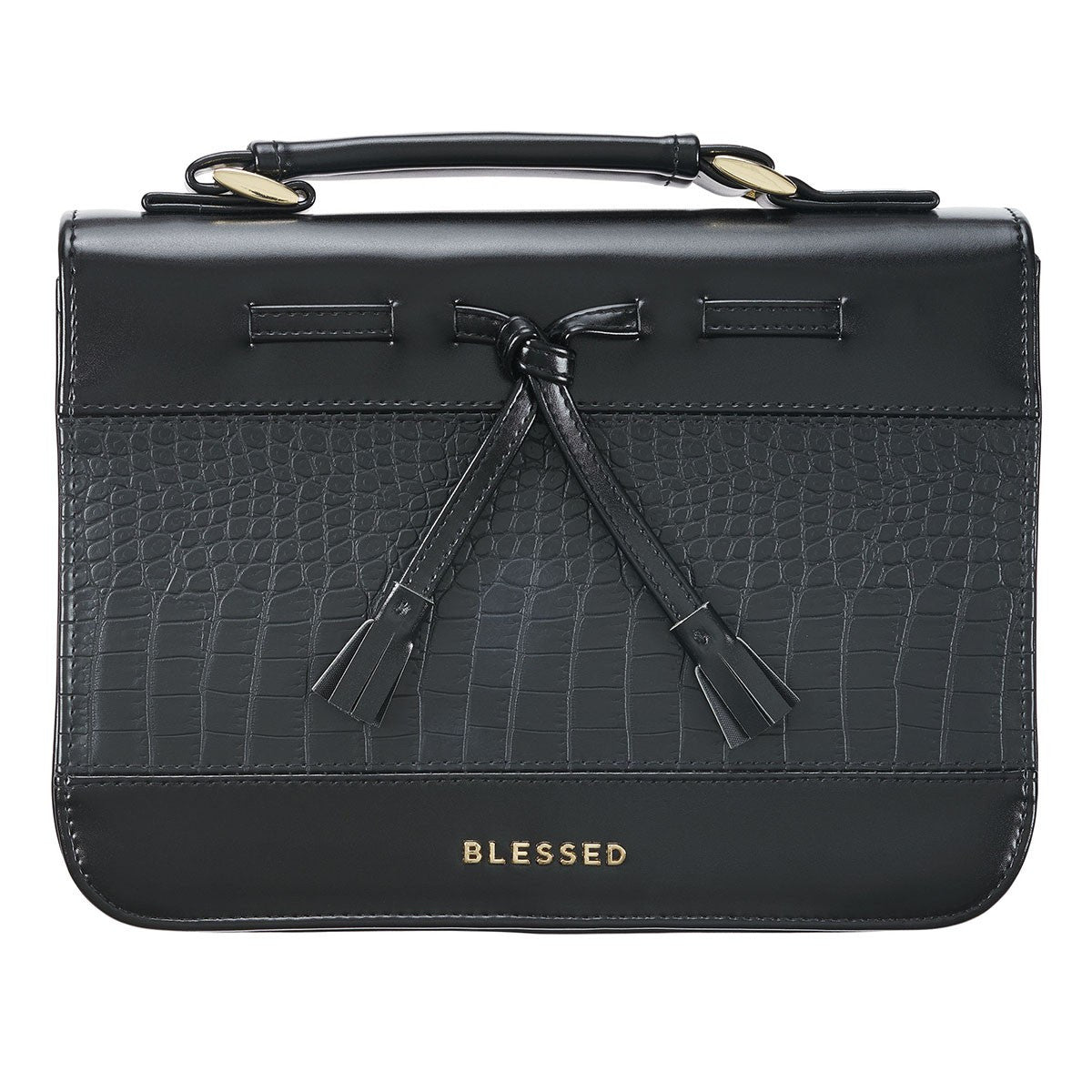 Blessed Black Croc Faux Leather Fashion Bible Cover with Tassels (7" x 9.75" x 1.75")